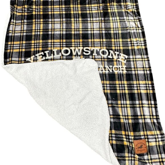 Yellowstone Dutton Ranch Plaid Throw Blanket Sherpa Fleece Backing Yellow Black - Picture 2 of 8